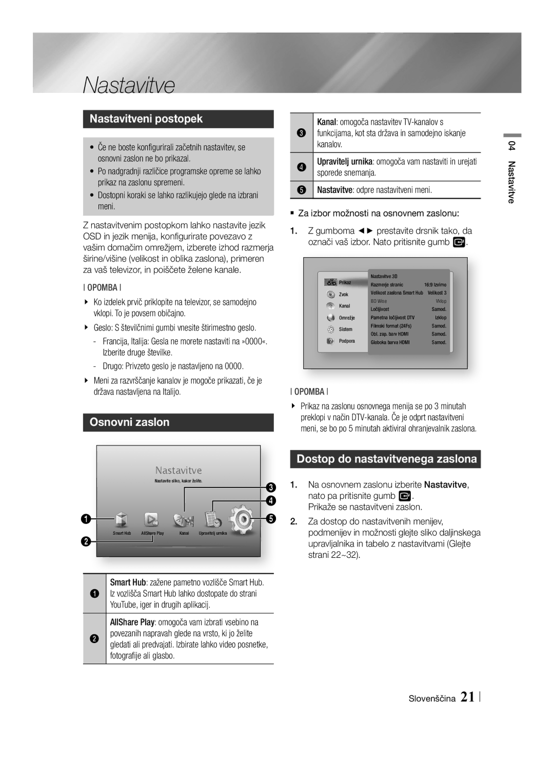 Samsung BD-E8300/EN, BD-E8900/EN, BD-E8500/EN manual Nastavitveni postopek, Osnovni zaslon 