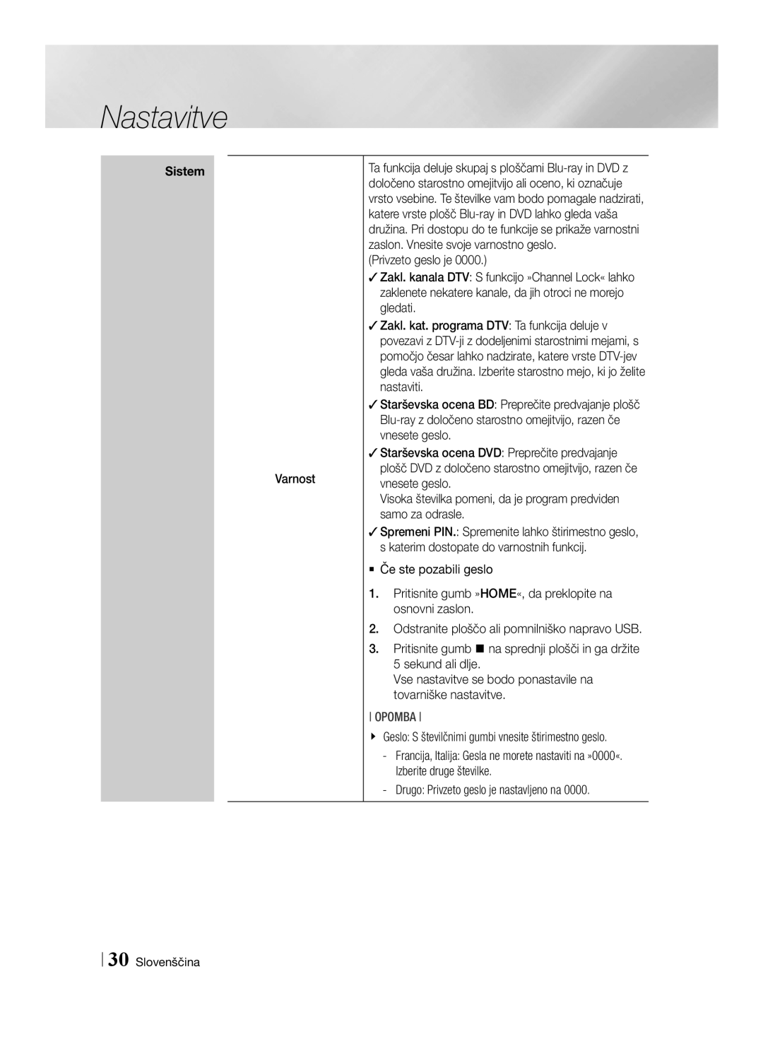 Samsung BD-E8300/EN, BD-E8900/EN, BD-E8500/EN manual Varnost, Vse nastavitve se bodo ponastavile na tovarniške nastavitve 