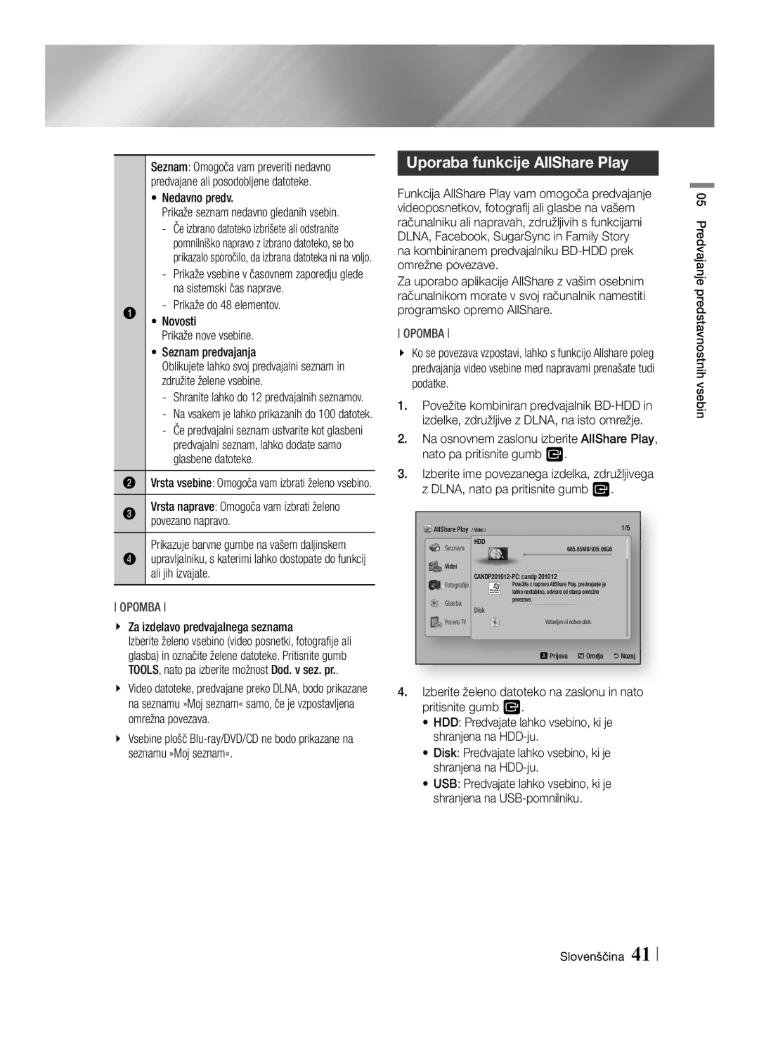 Samsung BD-E8500/EN, BD-E8900/EN, BD-E8300/EN manual Uporaba funkcije AllShare Play 