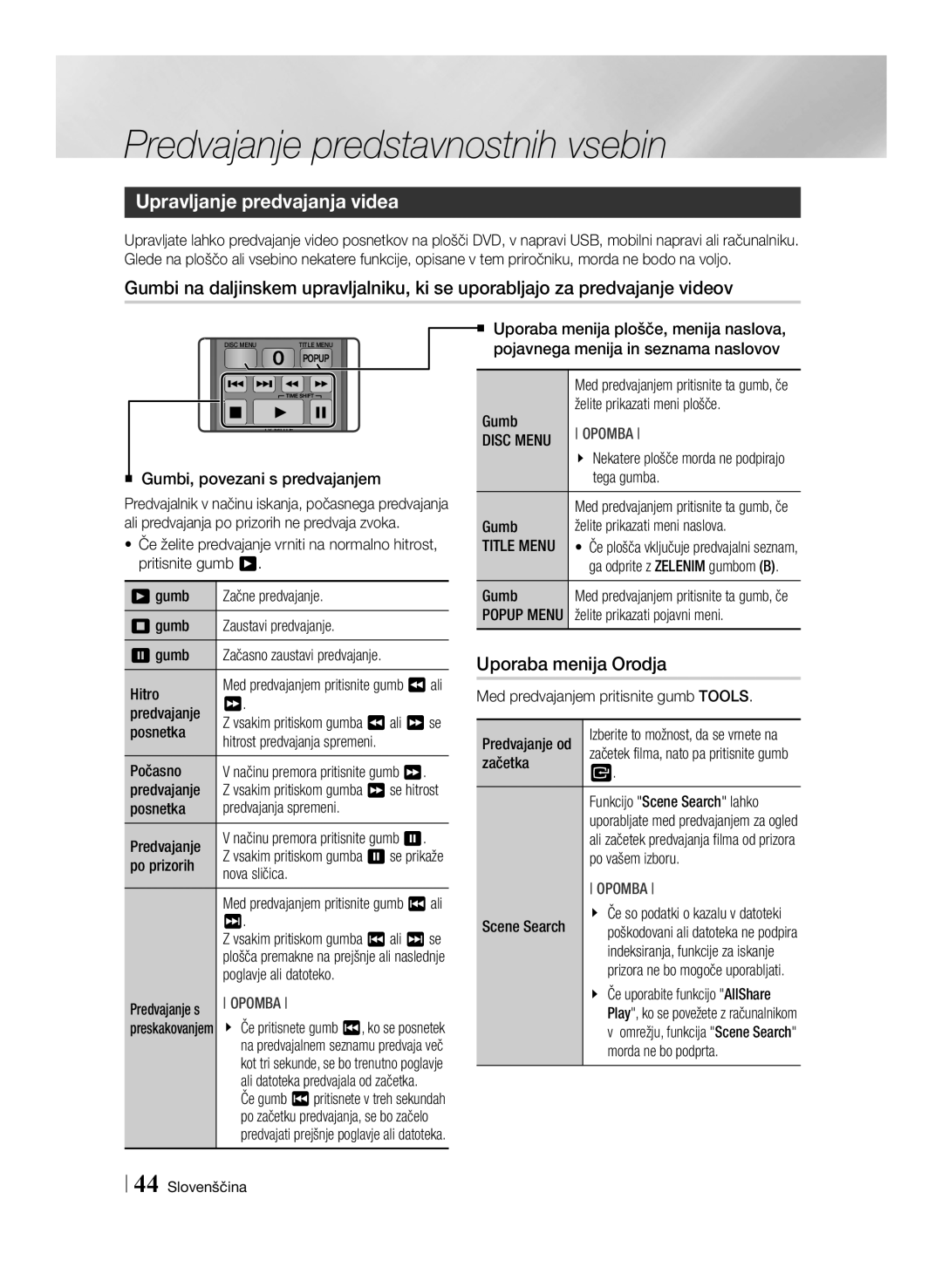 Samsung BD-E8500/EN, BD-E8900/EN, BD-E8300/EN manual Upravljanje predvajanja videa, Uporaba menija Orodja 