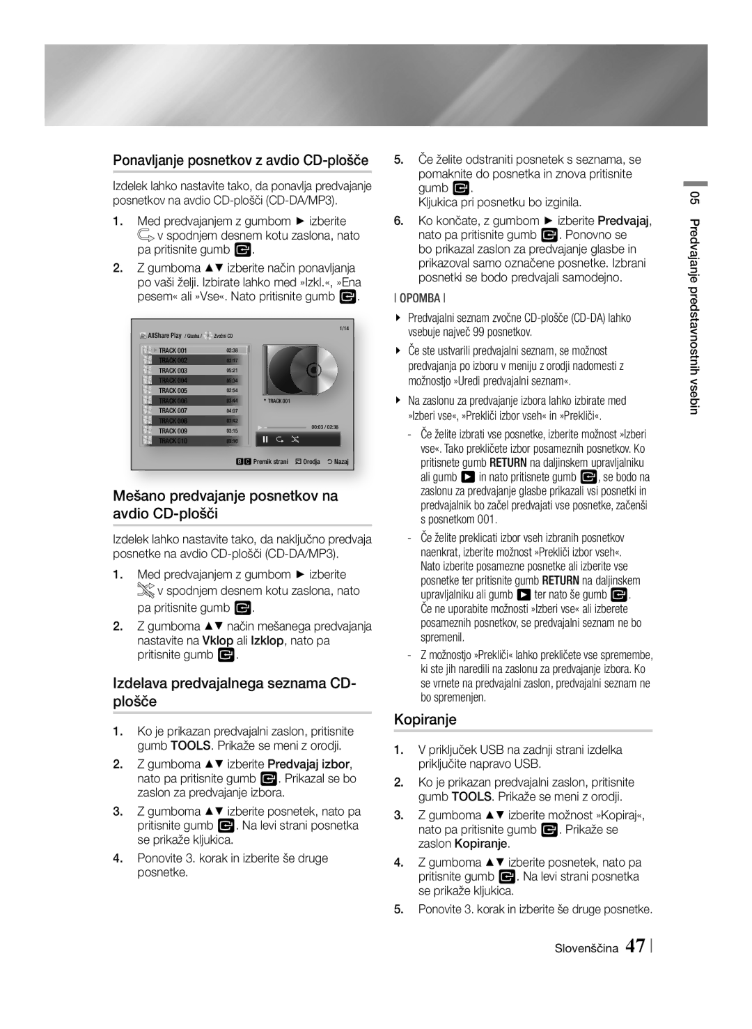 Samsung BD-E8500/EN Ponavljanje posnetkov z avdio CD-plošče, Mešano predvajanje posnetkov na avdio CD-plošči, Kopiranje 