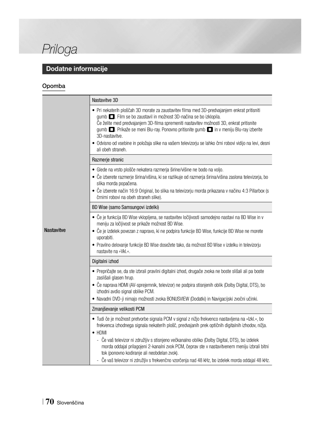 Samsung BD-E8900/EN, BD-E8500/EN manual Dodatne informacije, Opomba, Nastavitve Nastavitve 3D, Zmanjševanje velikosti PCM 