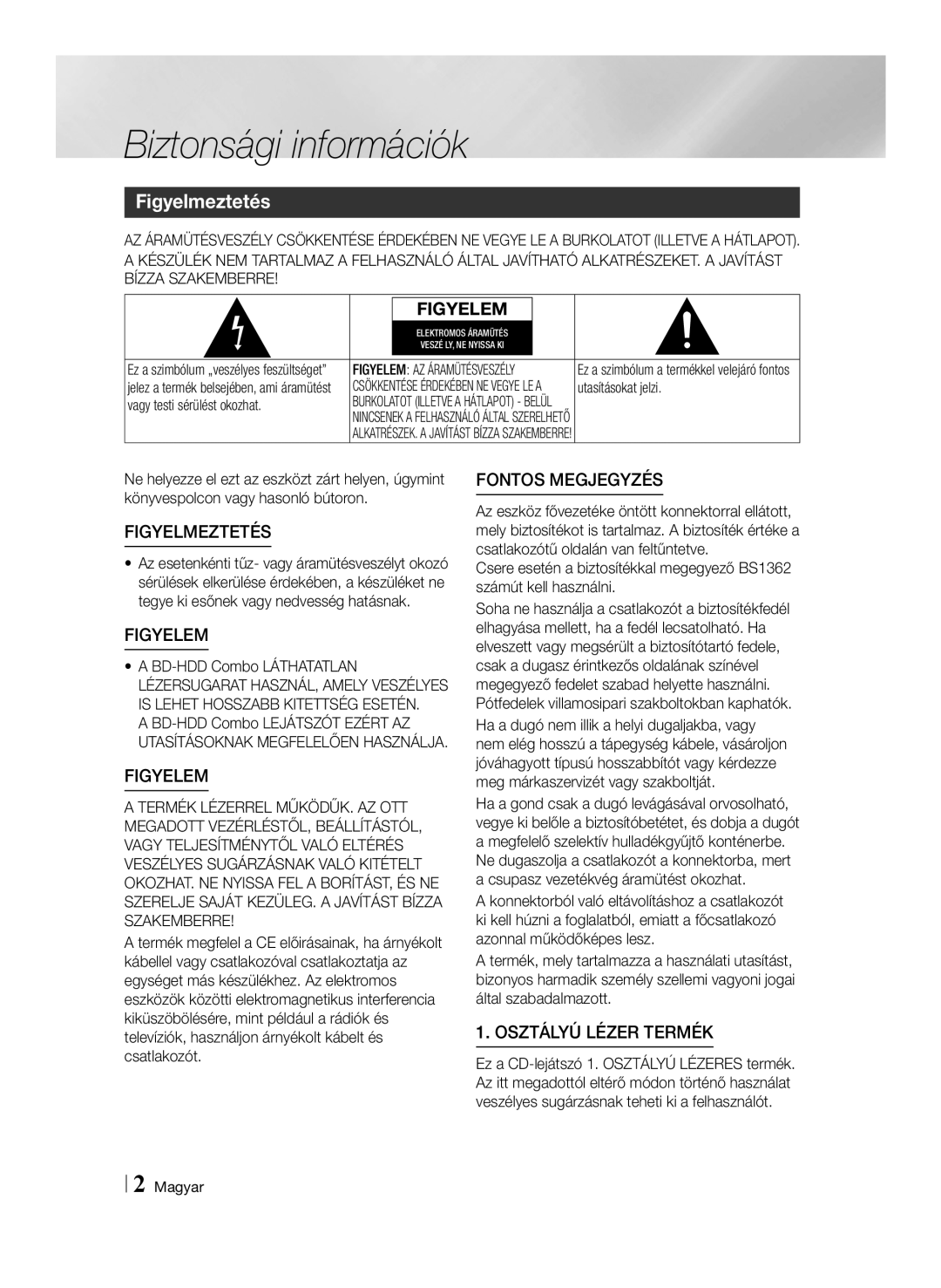 Samsung BD-E8300/EN manual Biztonsági információk, Figyelmeztetés, Utasításokat jelzi, Vagy testi sérülést okozhat, Magyar 