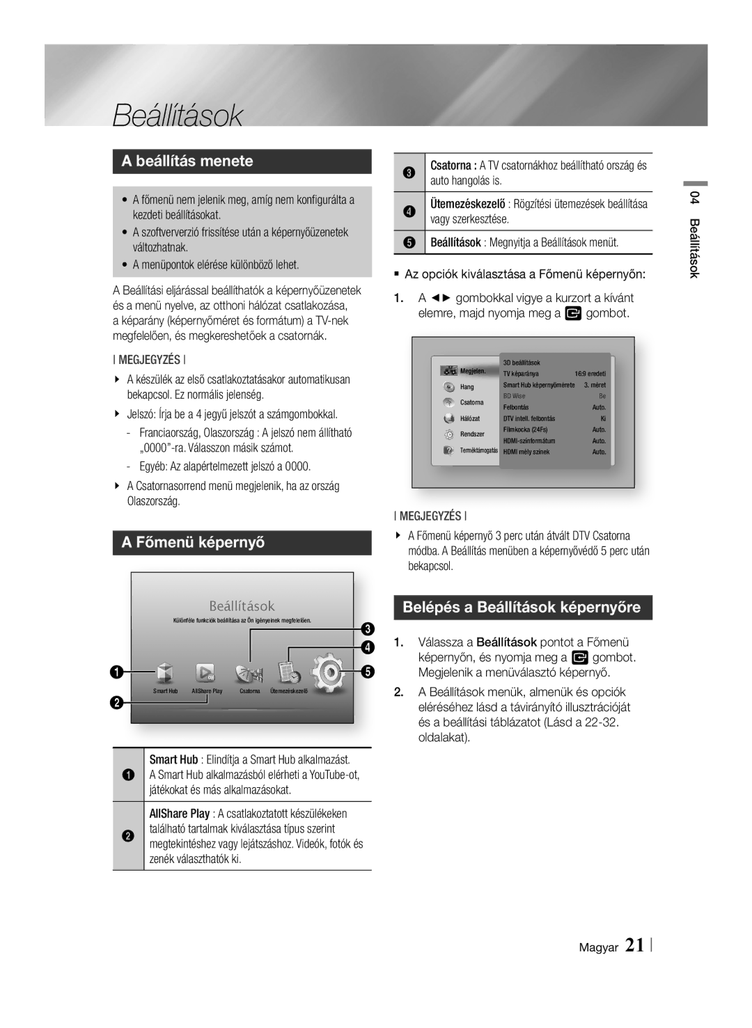 Samsung BD-E8900/EN, BD-E8500/EN, BD-E8300/EN manual Beállítás menete 