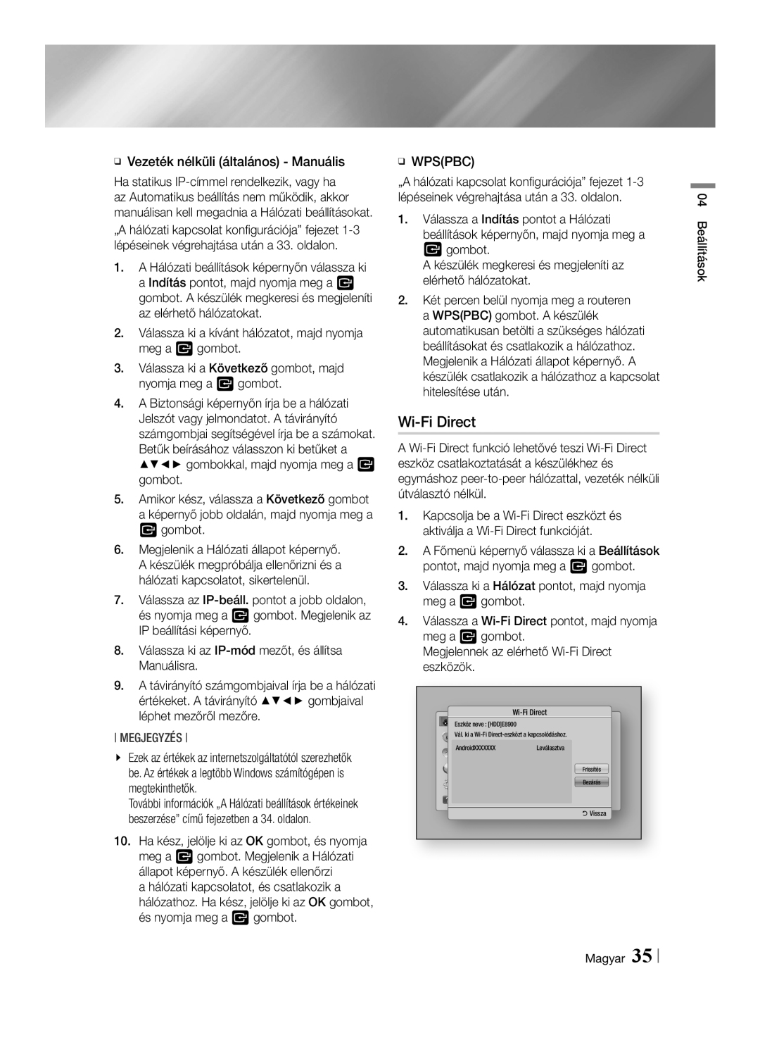 Samsung BD-E8300/EN, BD-E8900/EN, BD-E8500/EN manual Wi-Fi Direct, ĞĞ Vezeték nélküli általános Manuális, ĞĞ Wpspbc 