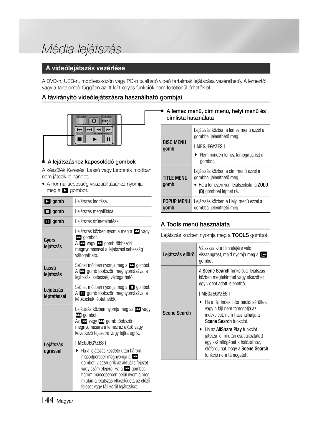 Samsung BD-E8300/EN Videólejátszás vezérlése, Távirányító videólejátszásra használható gombjai, Tools menü használata 