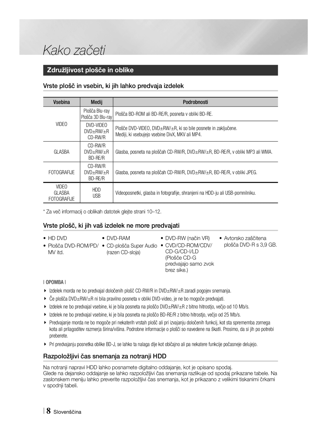 Samsung BD-E8500/EN manual Kako začeti, Združljivost plošče in oblike, Vrste plošč in vsebin, ki jih lahko predvaja izdelek 