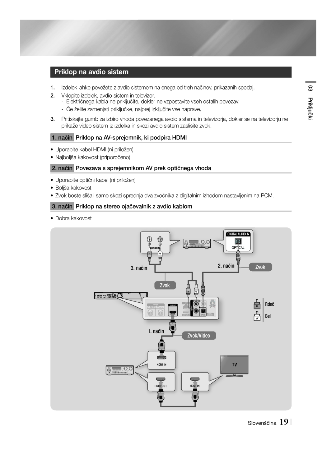 Samsung BD-E8900/EN, BD-E8500/EN, BD-E8300/EN manual Priklop na avdio sistem, Priključki Slovenščina 