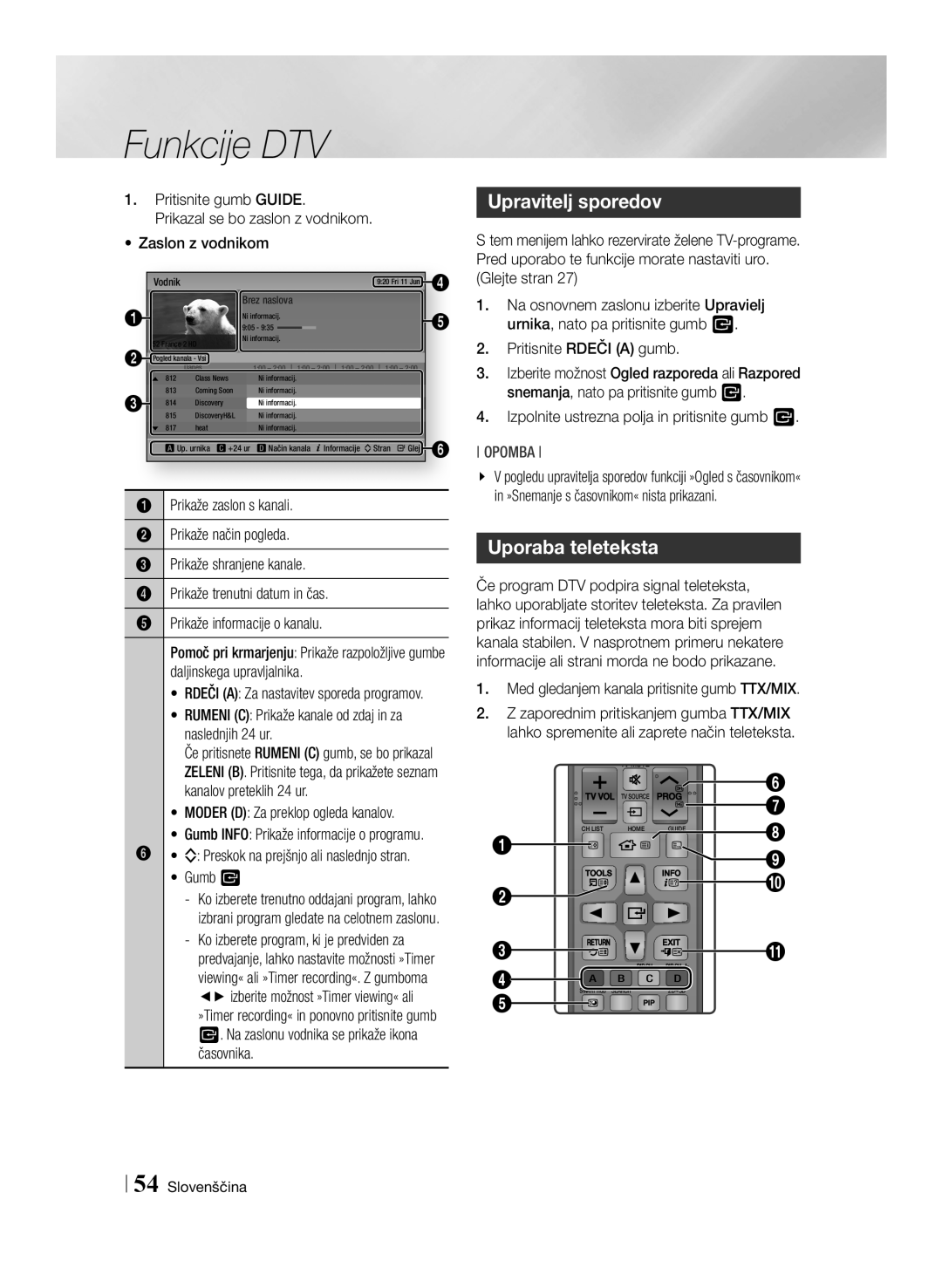Samsung BD-E8300/EN, BD-E8900/EN, BD-E8500/EN manual Upravitelj sporedov, Uporaba teleteksta, Funkcije DTV, Opomba 