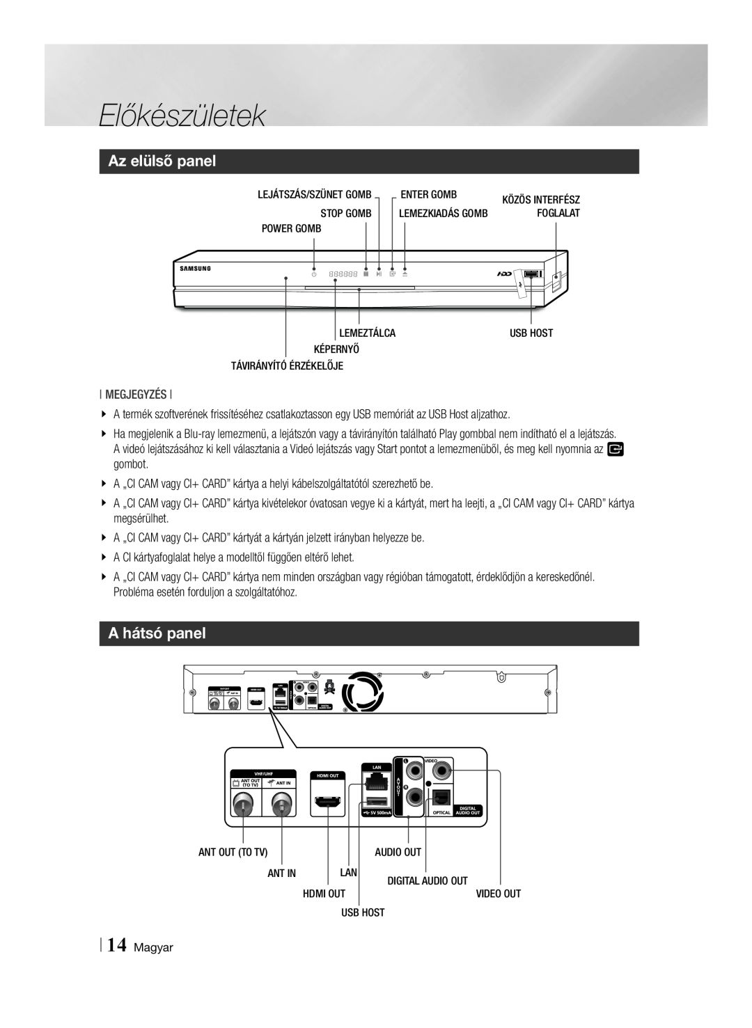 Samsung BD-E8300/EN, BD-E8900/EN, BD-E8500/EN manual Az elülső panel, A hátsó panel, Előkészületek, Megjegyzés, Magyar 