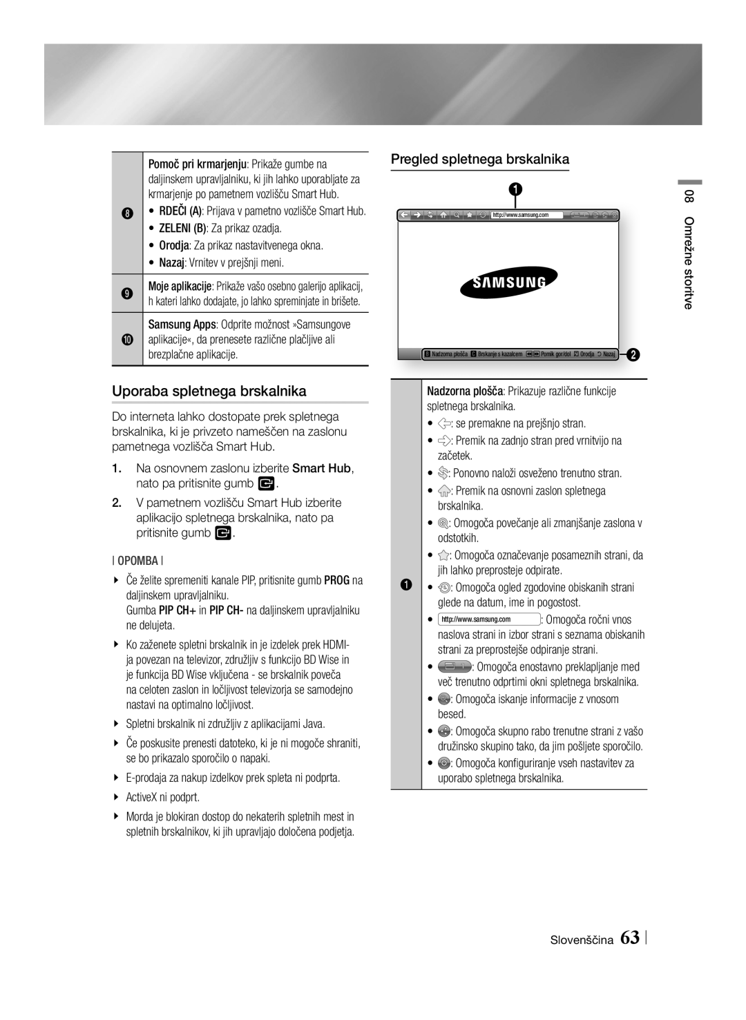 Samsung BD-E8300/EN, BD-E8900/EN, BD-E8500/EN manual Uporaba spletnega brskalnika, Pregled spletnega brskalnika, Opomba 