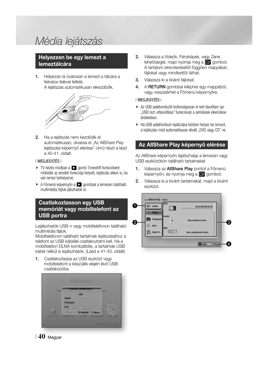 Samsung BD-E8500/EN Média lejátszás, Helyezzen be egy lemezt a lemeztálcára, Az AllShare Play képernyő elérése, Megjegyzés 