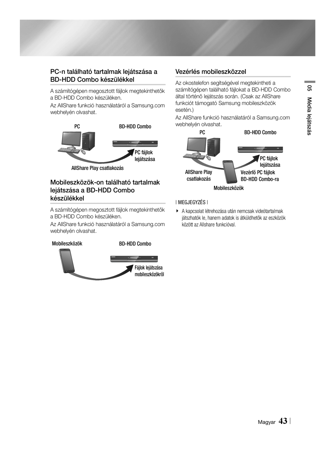 Samsung BD-E8500/EN PC-n található tartalmak lejátszása a BD-HDD Combo készülékkel, Vezérlés mobileszközzel, Megjegyzés 