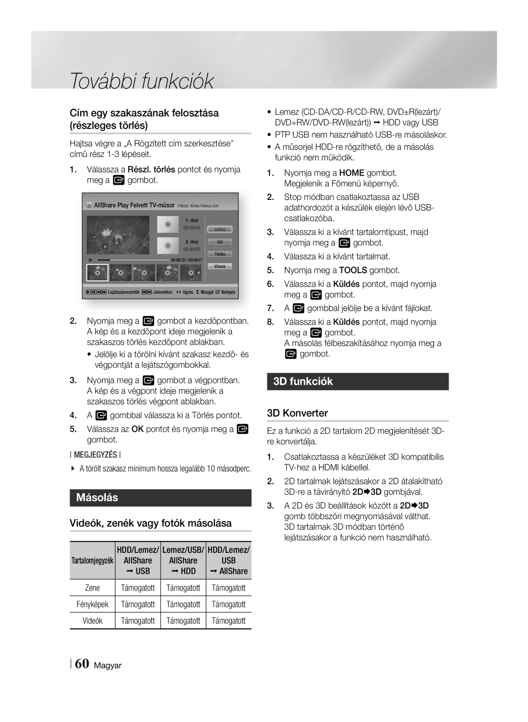 Samsung BD-E8900/EN manual Cím egy szakaszának felosztása részleges törlés, Másolás, Videók, zenék vagy fotók másolása 