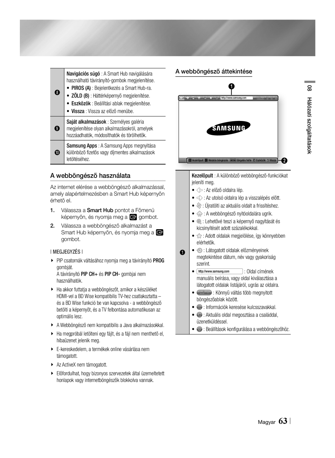 Samsung BD-E8900/EN, BD-E8500/EN, BD-E8300/EN manual A webböngésző használata, Megjegyzés 