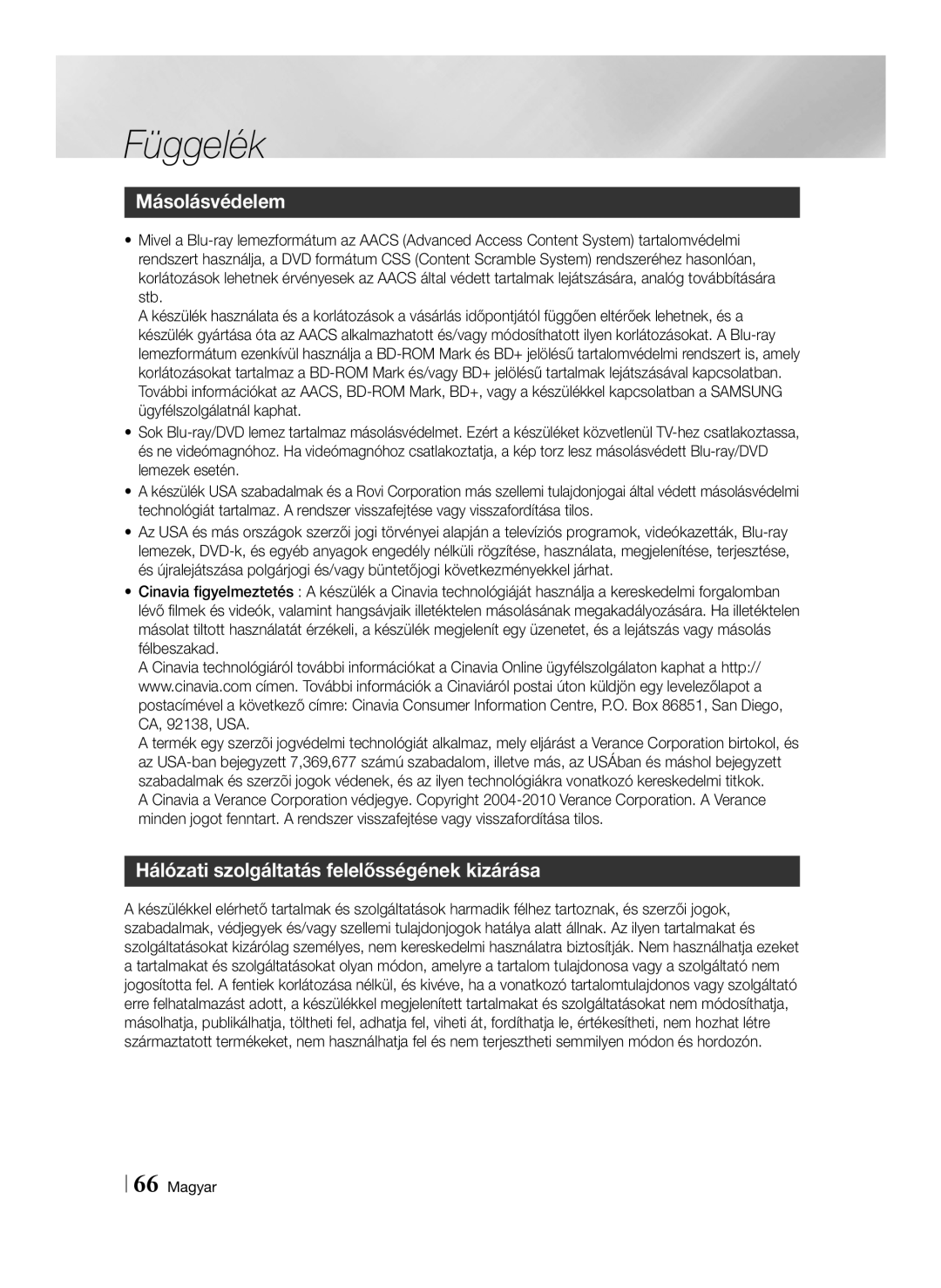 Samsung BD-E8900/EN, BD-E8500/EN manual Másolásvédelem, Hálózati szolgáltatás felelősségének kizárása, Függelék, Magyar 