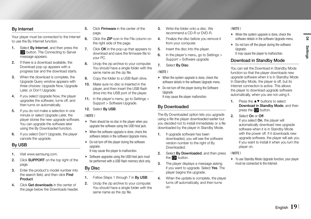 Samsung BD-EM57C user manual By Internet, By USB, By Disc, Download in Standby Mode, By Downloaded 