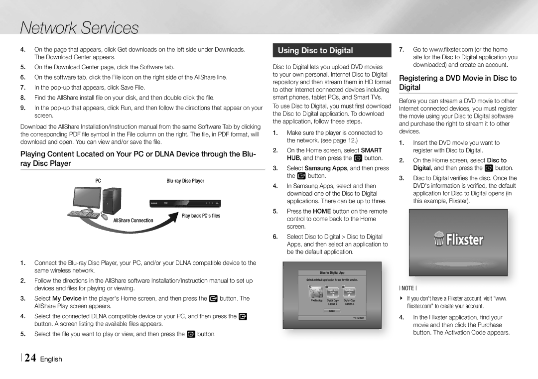 Samsung BD-EM57C user manual Network Services, Using Disc to Digital, Registering a DVD Movie in Disc to Digital 