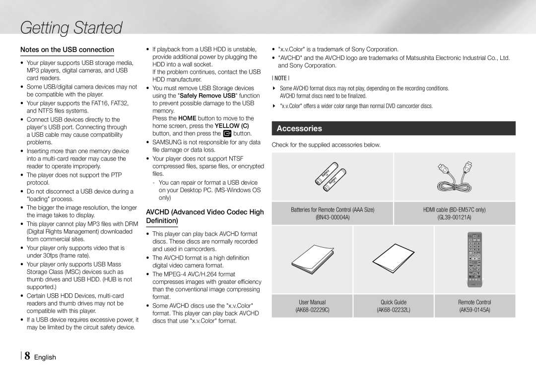 Samsung BD-EM57C Accessories, Avchd Advanced Video Codec High Definition, Color is a trademark of Sony Corporation 