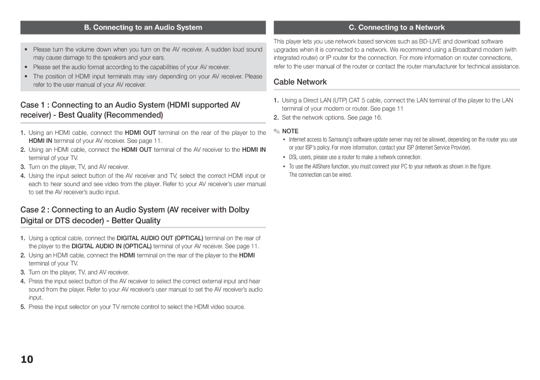 Samsung BD-ES5000/EN, BD-ES5000/XE manual Cable Network, Connecting to an Audio System, Connecting to a Network 