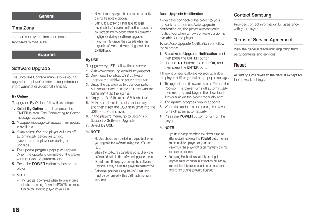 Samsung BD-ES5000/EN, BD-ES5000/XE manual Time Zone, Software Upgrade, Contact Samsung, Terms of Service Agreement, Reset 