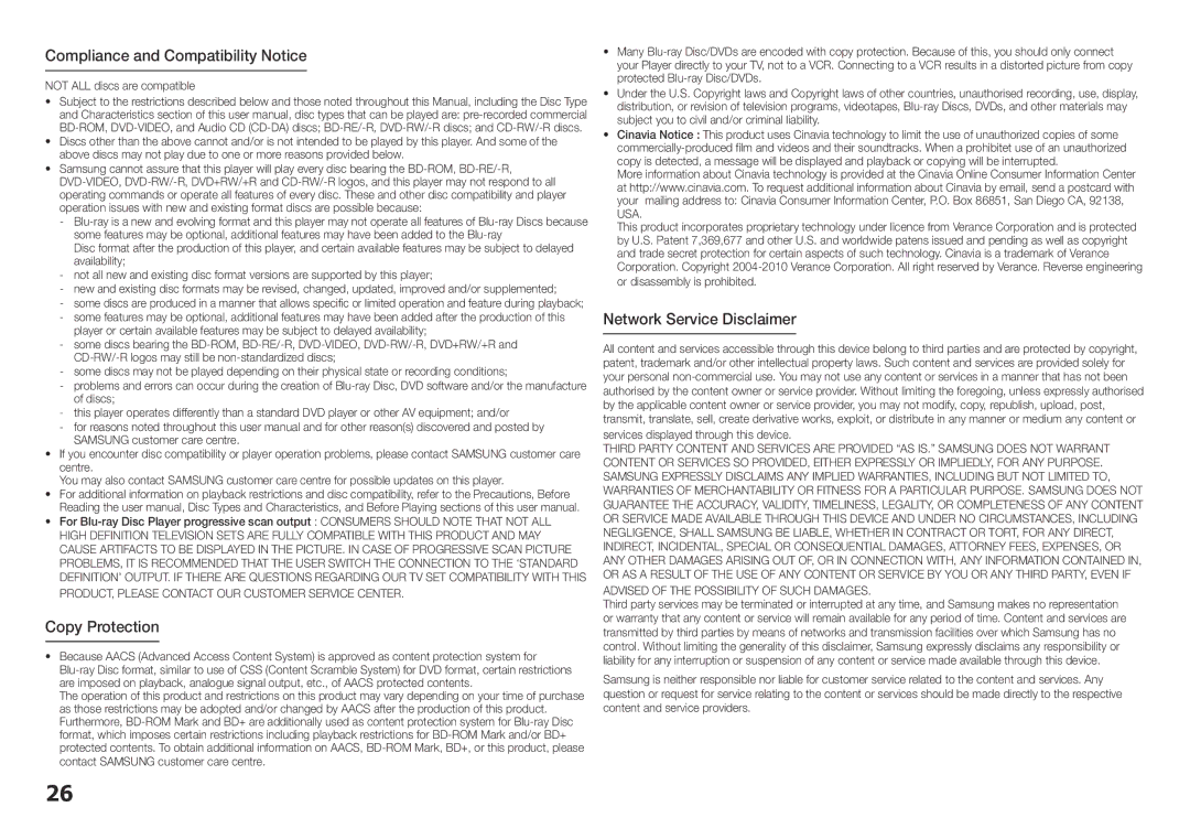 Samsung BD-ES5000/EN, BD-ES5000/XE manual Compliance and Compatibility Notice, Copy Protection, Network Service Disclaimer 