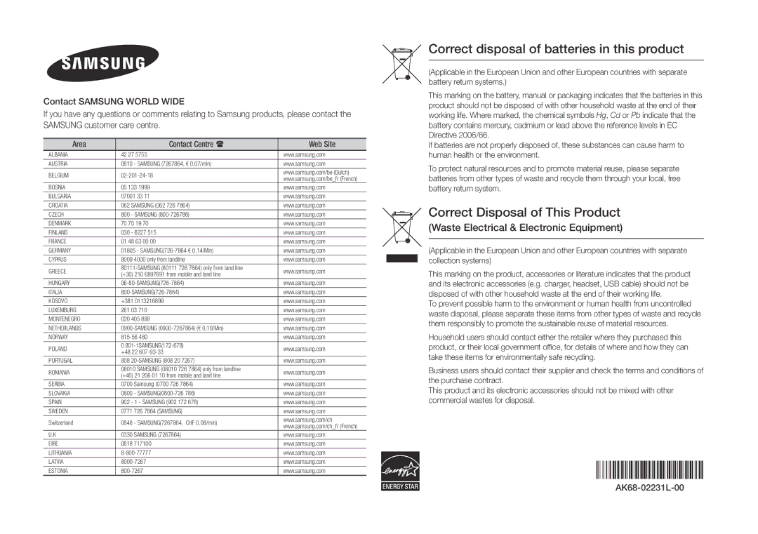 Samsung BD-ES5000/EN, BD-ES5000/XE Correct disposal of batteries in this product, Waste Electrical & Electronic Equipment 