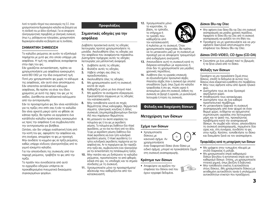 Samsung BD-ES5000/EN manual Σημαντικές οδηγίες για την ασφάλεια, Μεταχείριση των δίσκων, Σημαντικη Σημειωση, Προφυλάξεις 