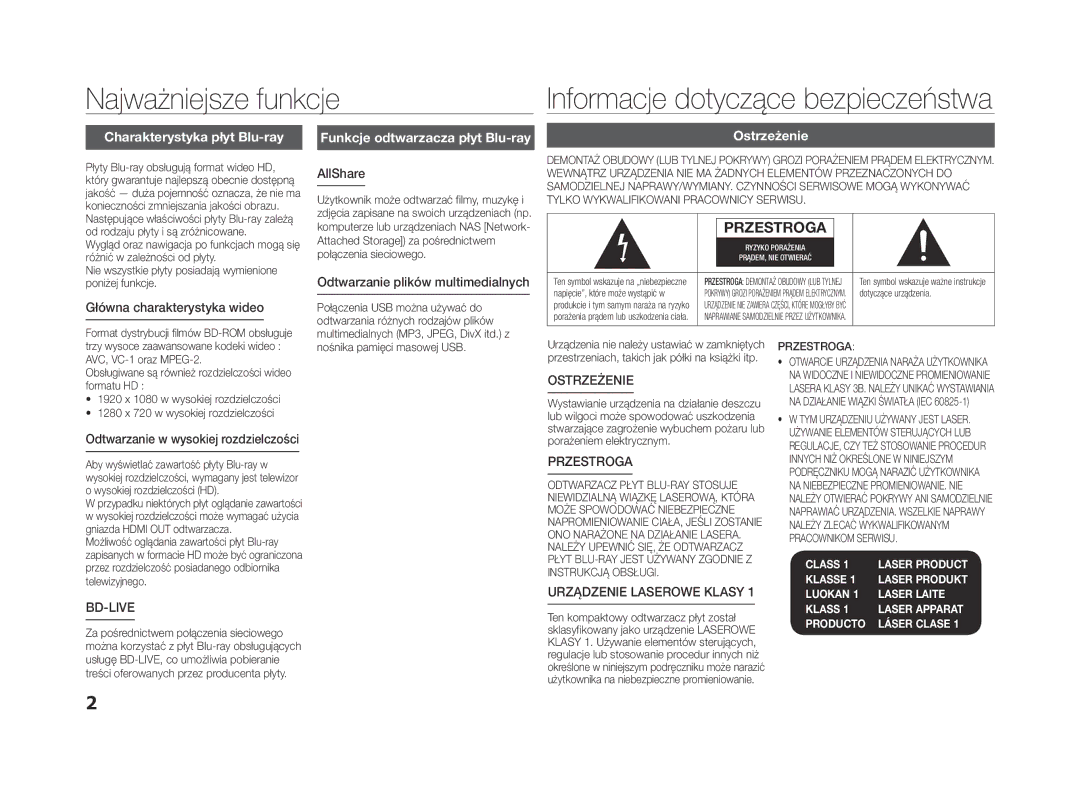 Samsung BD-ES5000/EN Najważniejsze funkcje, Charakterystyka płyt Blu-ray, Funkcje odtwarzacza płyt Blu-ray, Ostrzeżenie 