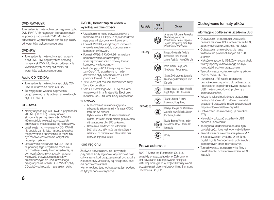 Samsung BD-ES5000/EN manual Kod regionu, Prawa autorskie Obsługiwane formaty plików, Audio CD CD-DA 