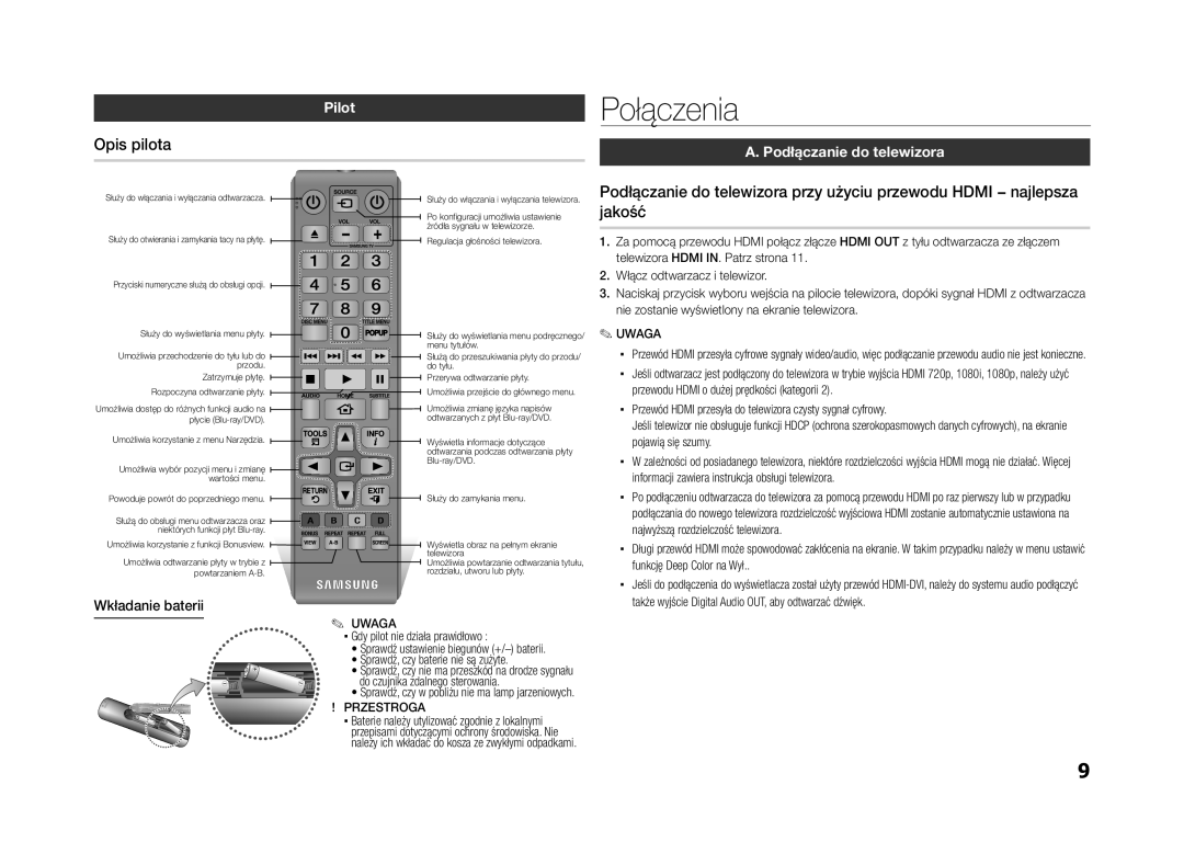 Samsung BD-ES5000/EN manual Połączenia, Opis pilota, Pilot, Podłączanie do telewizora, Wkładanie baterii 