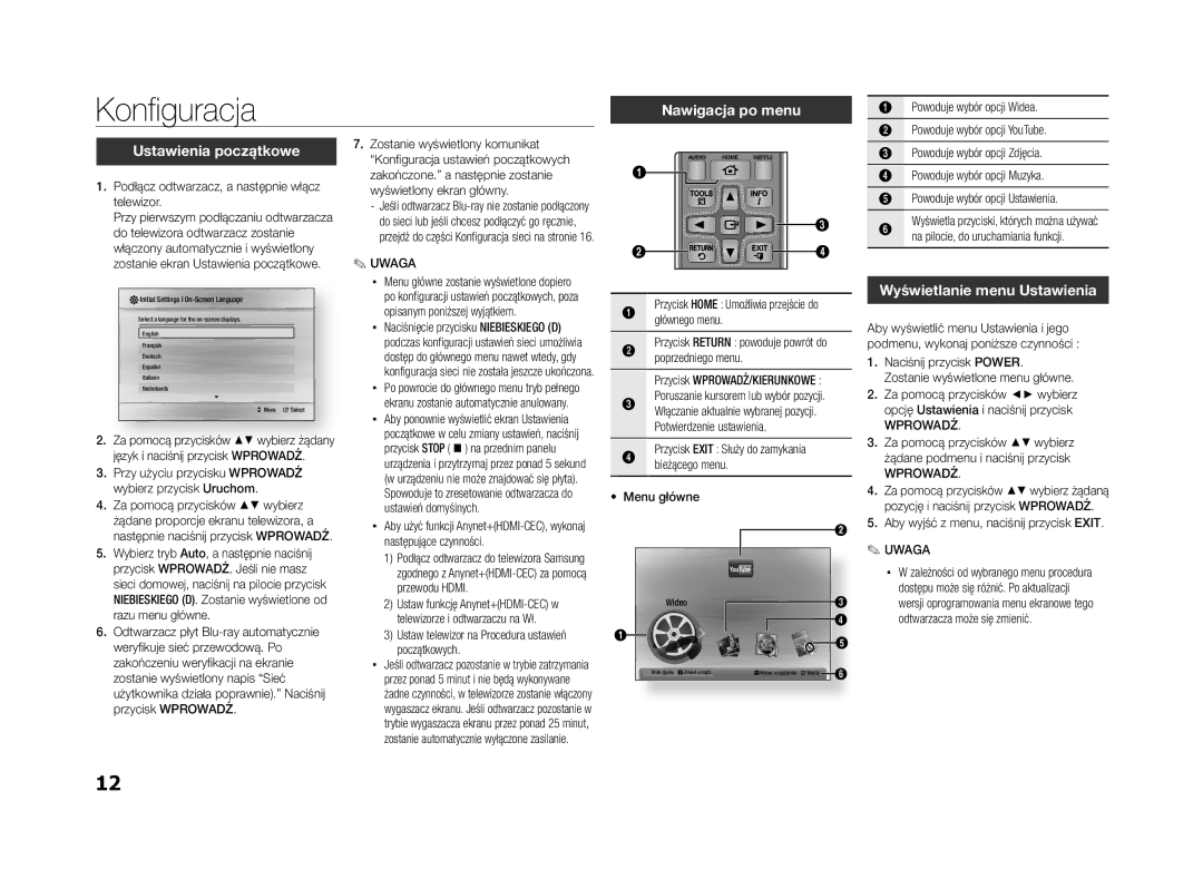 Samsung BD-ES5000/EN manual Konfiguracja, Nawigacja po menu, Ustawienia początkowe, Powoduje wybór opcji Zdjęcia 