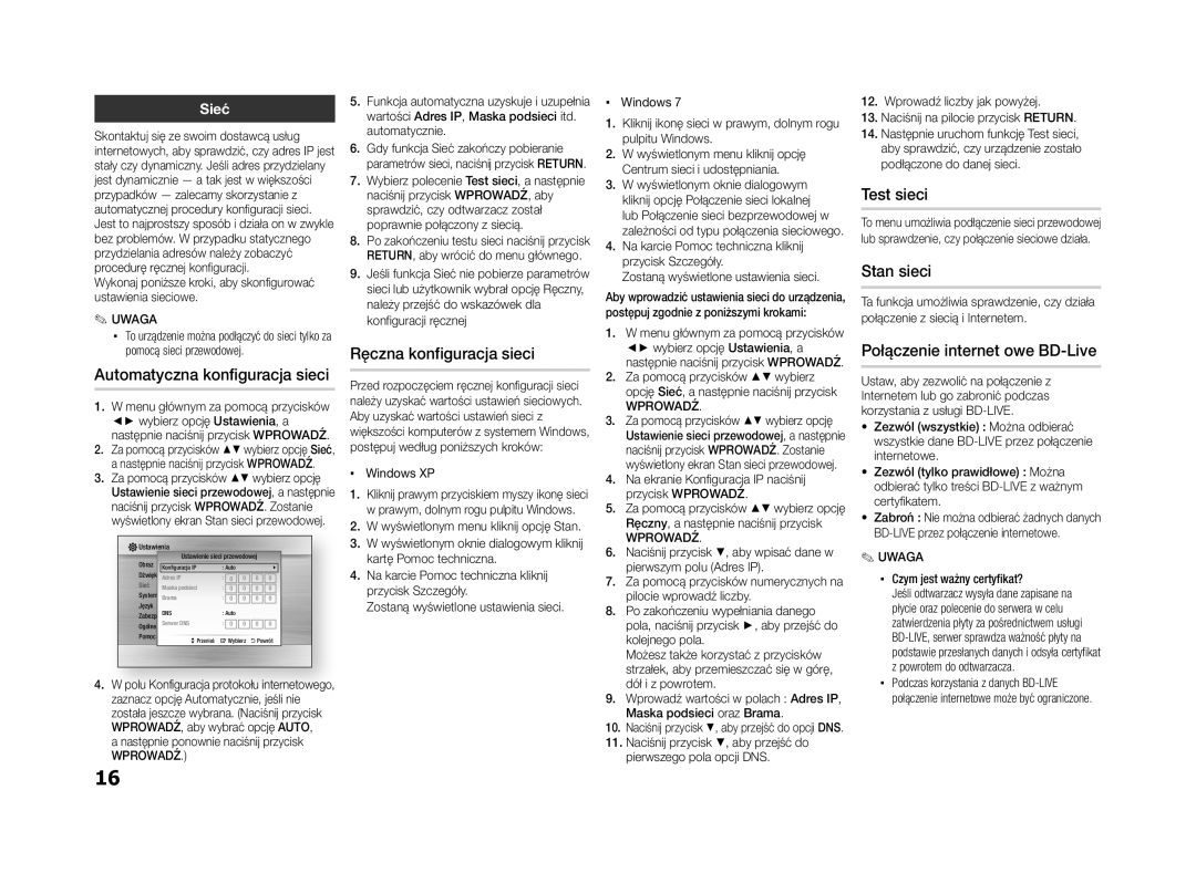 Samsung BD-ES5000/EN manual Automatyczna konfiguracja sieci, Ręczna konfiguracja sieci, Test sieci, Stan sieci 