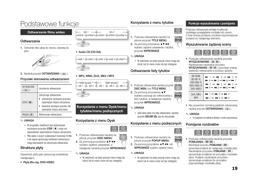 Samsung BD-ES5000/EN manual Podstawowe funkcje 