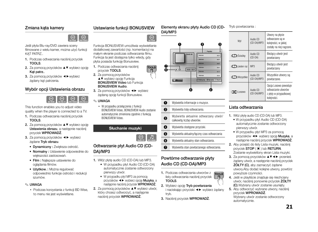 Samsung BD-ES5000/EN Zmiana kąta kamery, Wybór opcji Ustawienia obrazu, Ustawianie funkcji Bonusview, Lista odtwarzania 