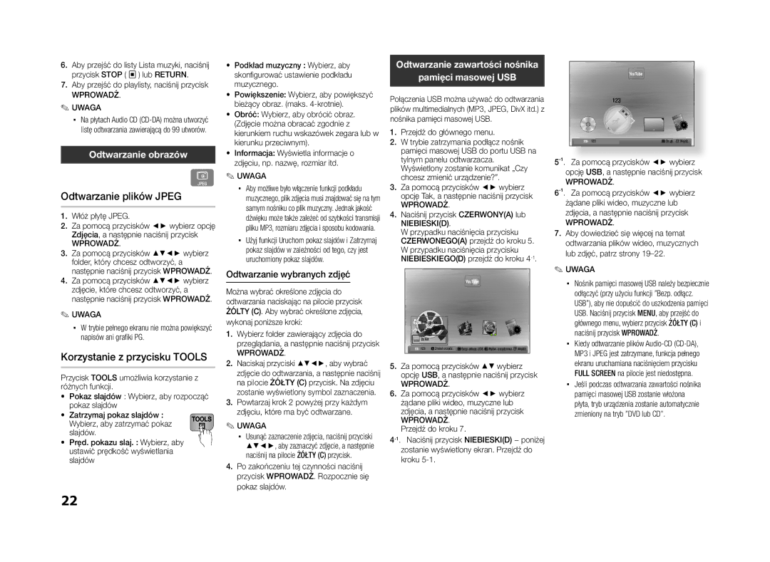 Samsung BD-ES5000/EN manual Odtwarzanie plików Jpeg, Korzystanie z przycisku Tools, Odtwarzanie obrazów 