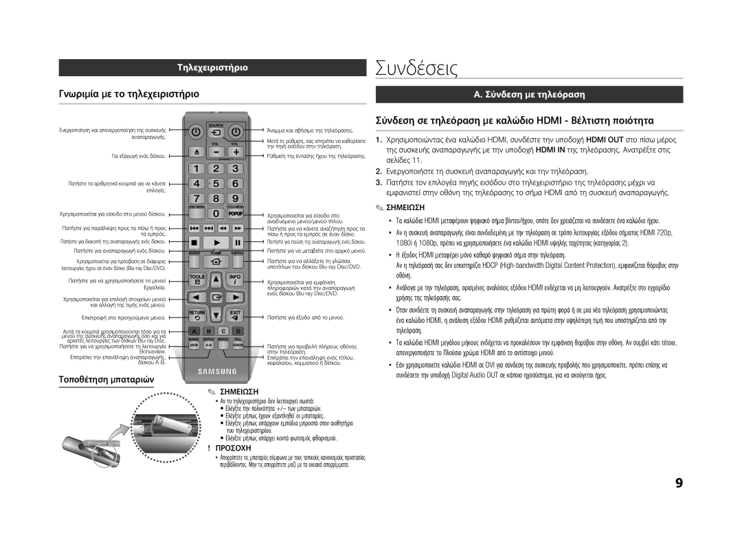 Samsung BD-ES5000/EN Συνδέσεις, Γνωριμία με το τηλεχειριστήριο, Σύνδεση σε τηλεόραση με καλώδιο Hdmi Βέλτιστη ποιότητα 