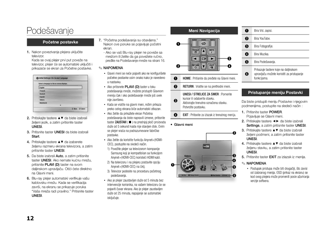 Samsung BD-ES5000/EN manual Podešavanje, Meni Navigacija, Početne postavke, Pristupanje meniju Postavki, Unesi 