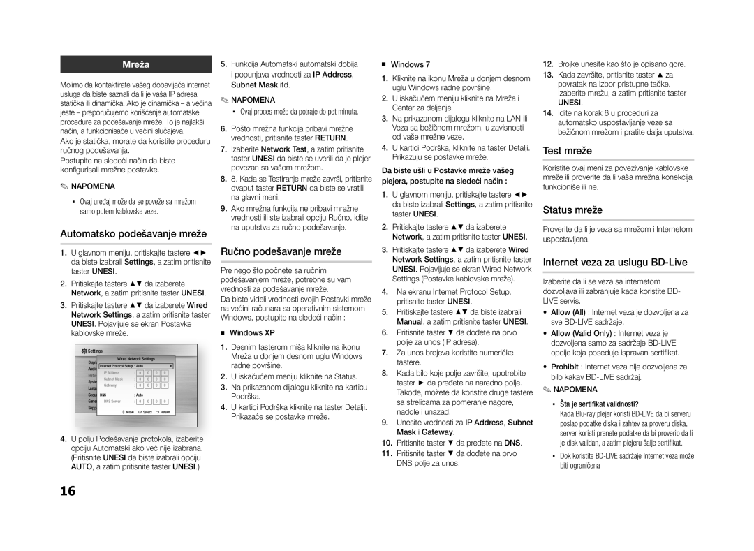 Samsung BD-ES5000/EN manual Automatsko podešavanje mreže, Ručno podešavanje mreže, Test mreže, Status mreže 