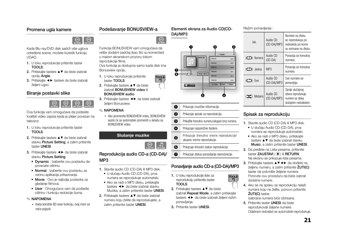 Samsung BD-ES5000/EN manual Promena ugla kamere, Biranje postavki slike, Podešavanje BONUSVIEW-a, Spisak za reprodukciju 