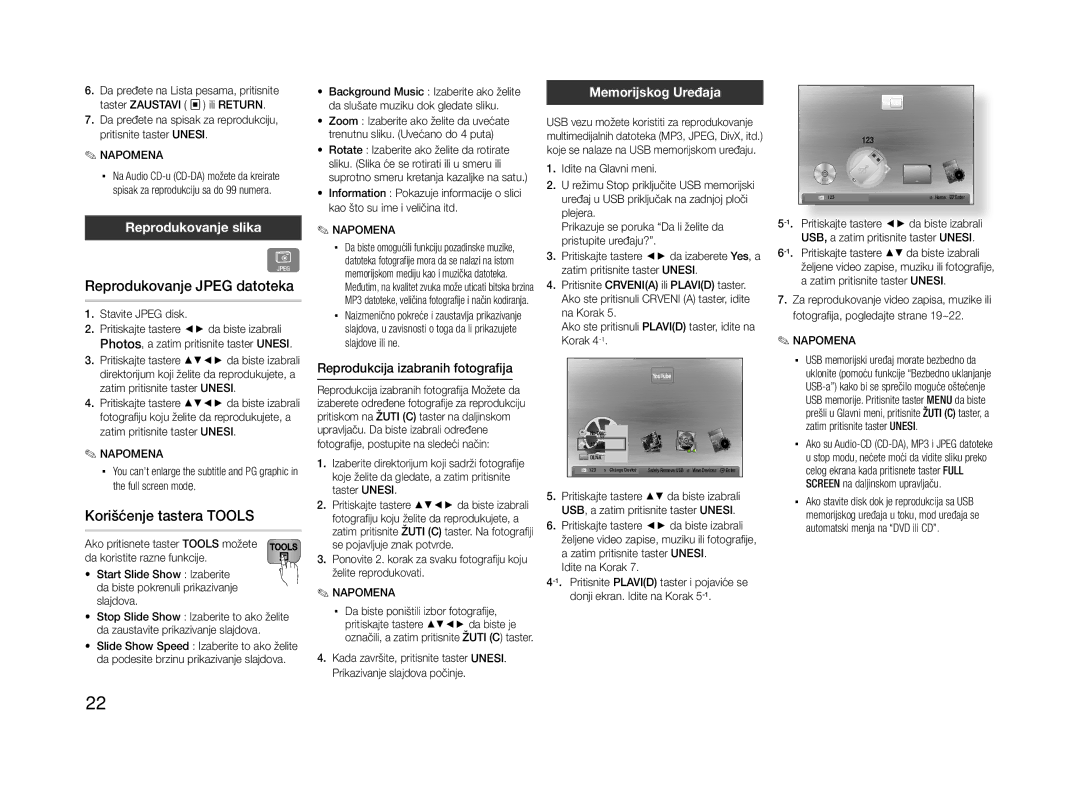 Samsung BD-ES5000/EN Reprodukovanje Jpeg datoteka, Korišćenje tastera Tools, Reprodukovanje slika, Memorijskog Uređaja 