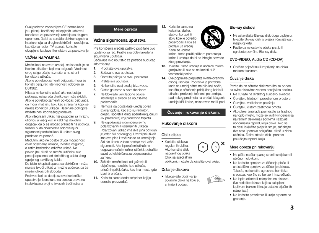 Samsung BD-ES5000/EN manual Važna sigurnosna uputstva, Rukovanje diskom, Mere opreza, Čuvanje i rukovanje diskom 