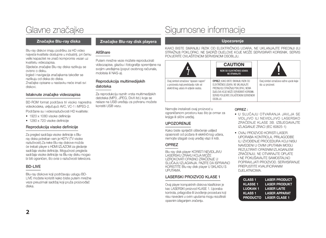 Samsung BD-ES5000/EN manual Glavne značajke, Značajke Blu-ray diska, Istaknute značajke videozapisa 