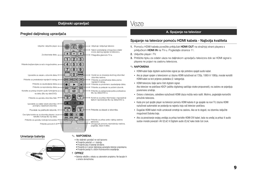 Samsung BD-ES5000/EN manual Veze, Daljinski upravljač, Pregled daljinskog upravljača, Spajanje na televizor 