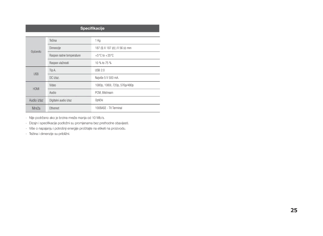 Samsung BD-ES5000/EN manual Tip a USB DC izlaz Najviše 5 V 500 mA, Audio izlaz 