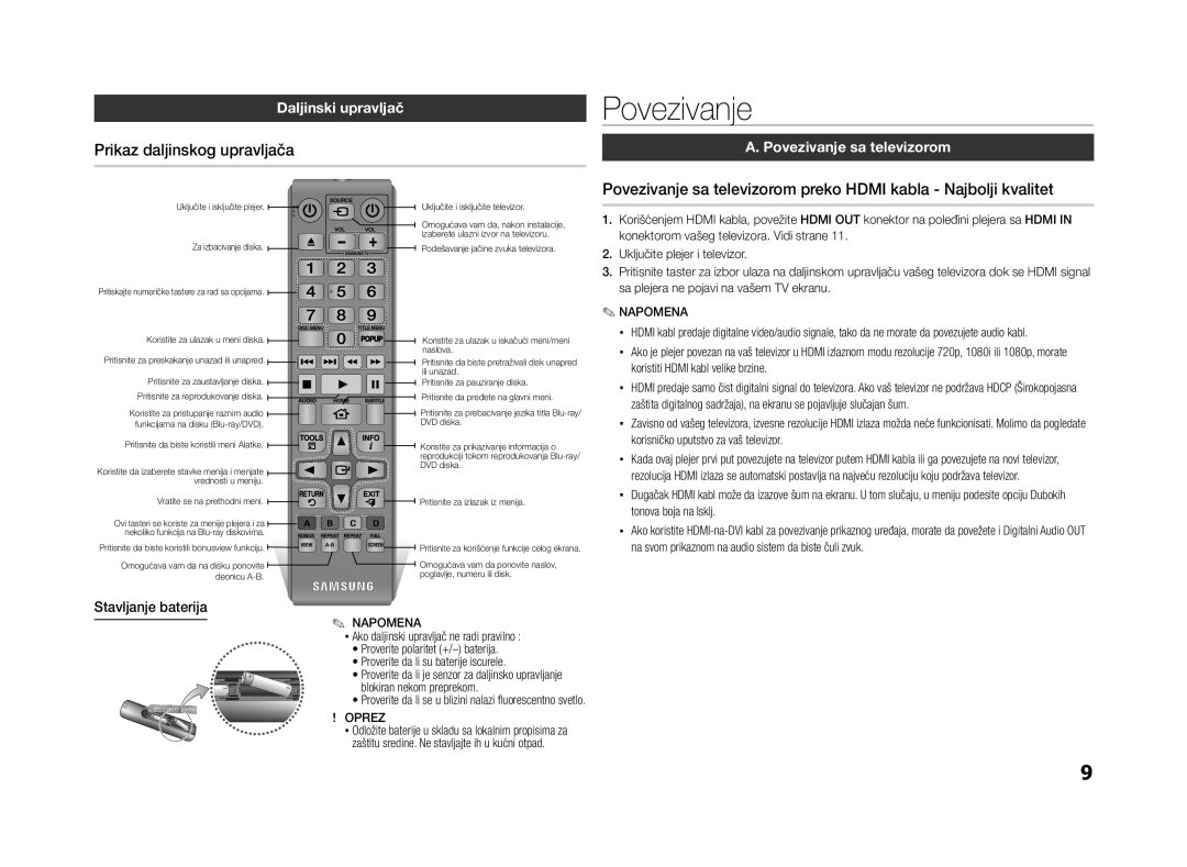 Samsung BD-ES5000/EN manual Prikaz daljinskog upravljača, Daljinski upravljač, Povezivanje sa televizorom 