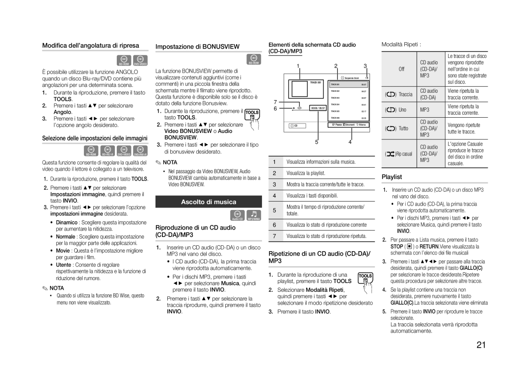 Samsung BD-ES5000/XN, BD-ES5000/EN, BD-ES5000/XE manual Ascolto di musica 