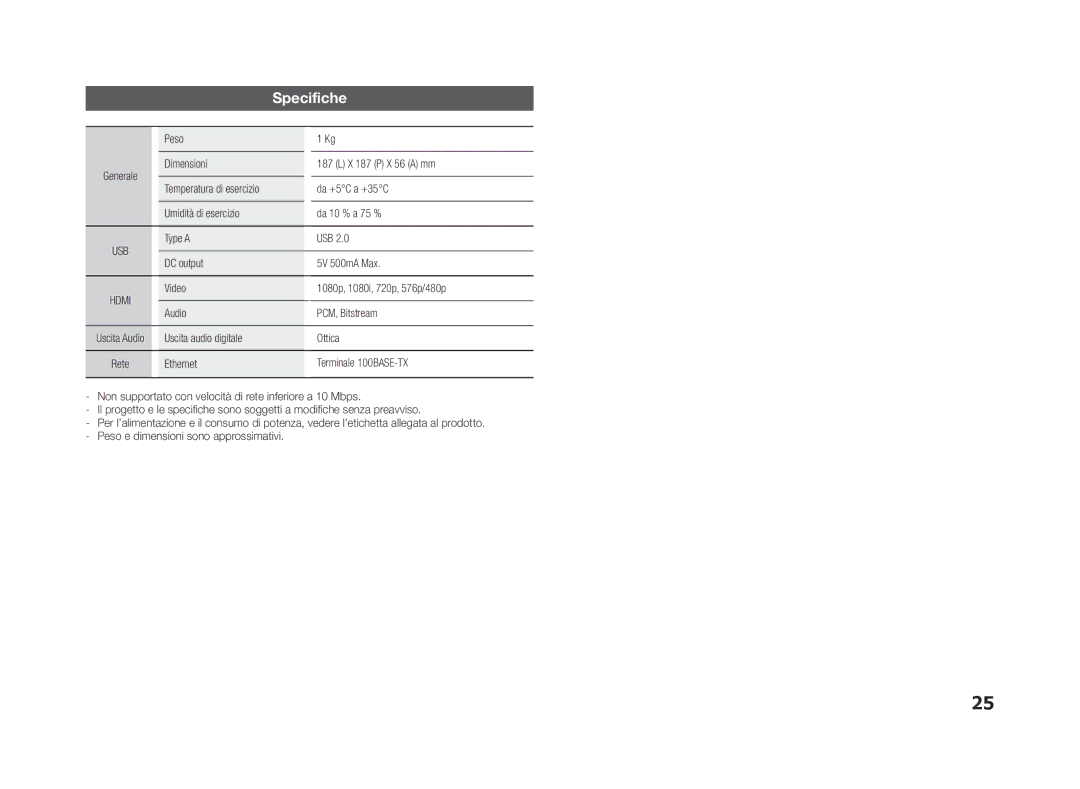 Samsung BD-ES5000/EN, BD-ES5000/XN Peso, Dimensioni X 187 P X 56 a mm, Da +5C a +35C, Umidità di esercizio Da 10 % a 75 % 