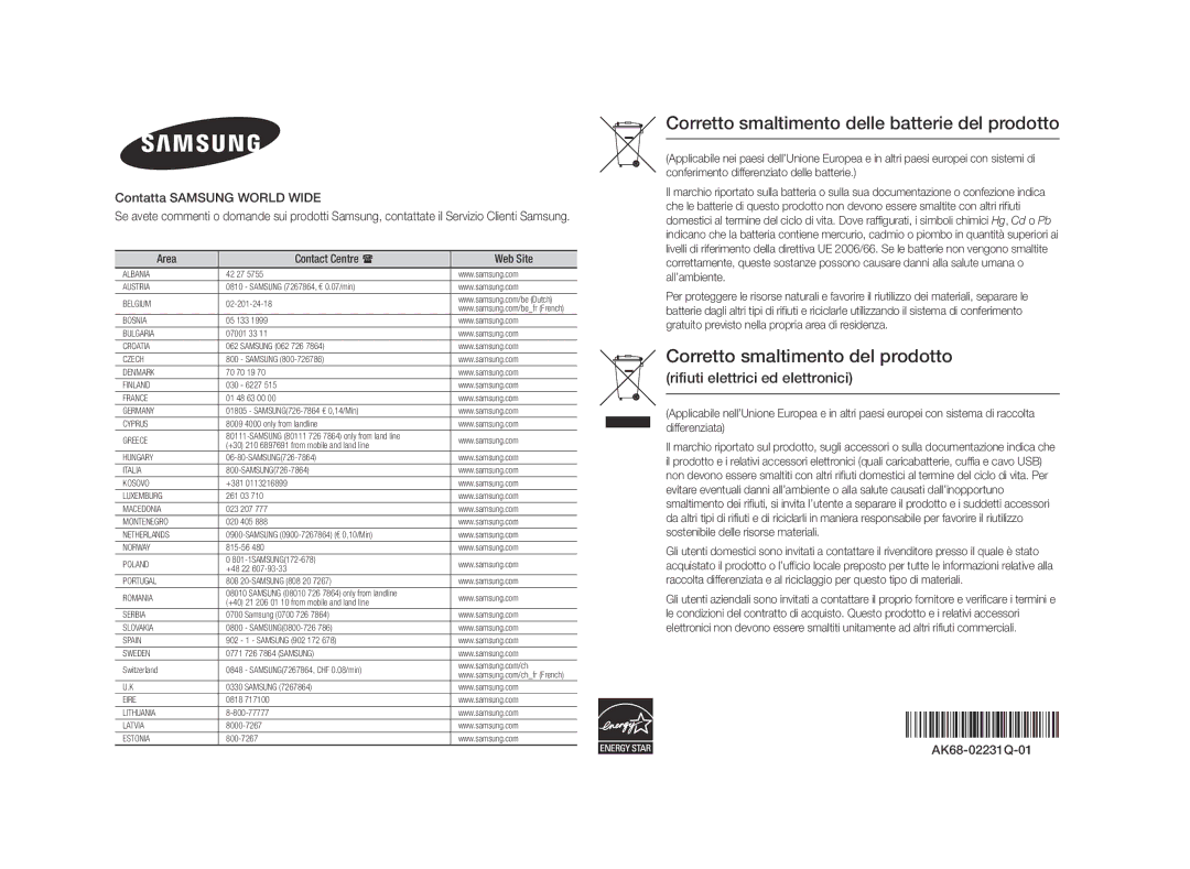 Samsung BD-ES5000/EN, BD-ES5000/XN, BD-ES5000/XE manual Corretto smaltimento delle batterie del prodotto 