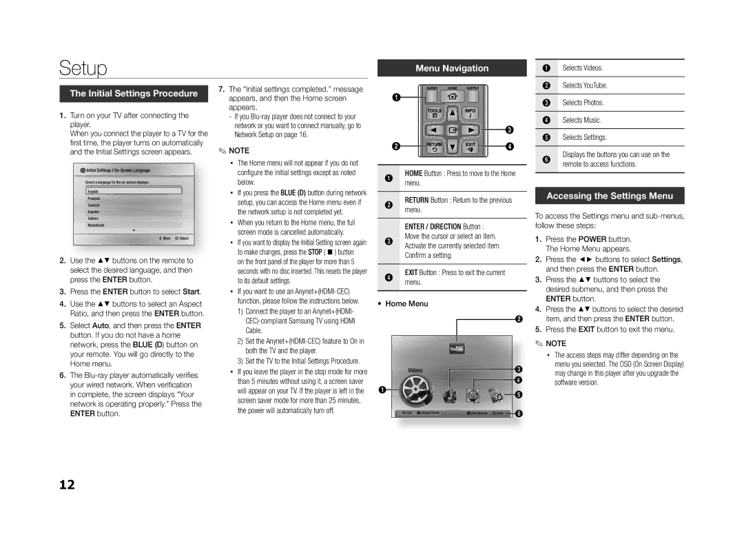 Samsung BD-ES5000/XN, BD-ES5000/EN manual Setup, Menu Navigation, Initial Settings Procedure, Accessing the Settings Menu 